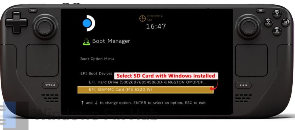 Select the SD card with the Windows installed