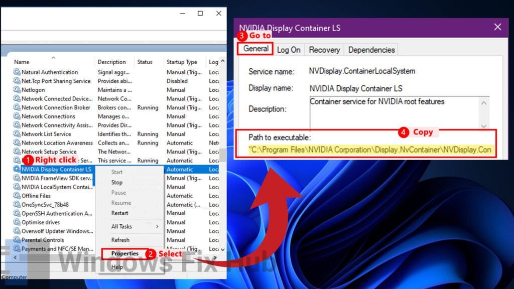 Copy Path to the executable link of NVIDIA Display Container LS