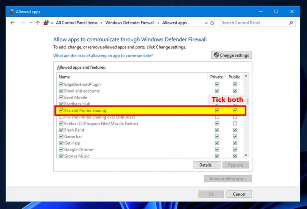 Enable File and Printer Sharing in Firewall Settings