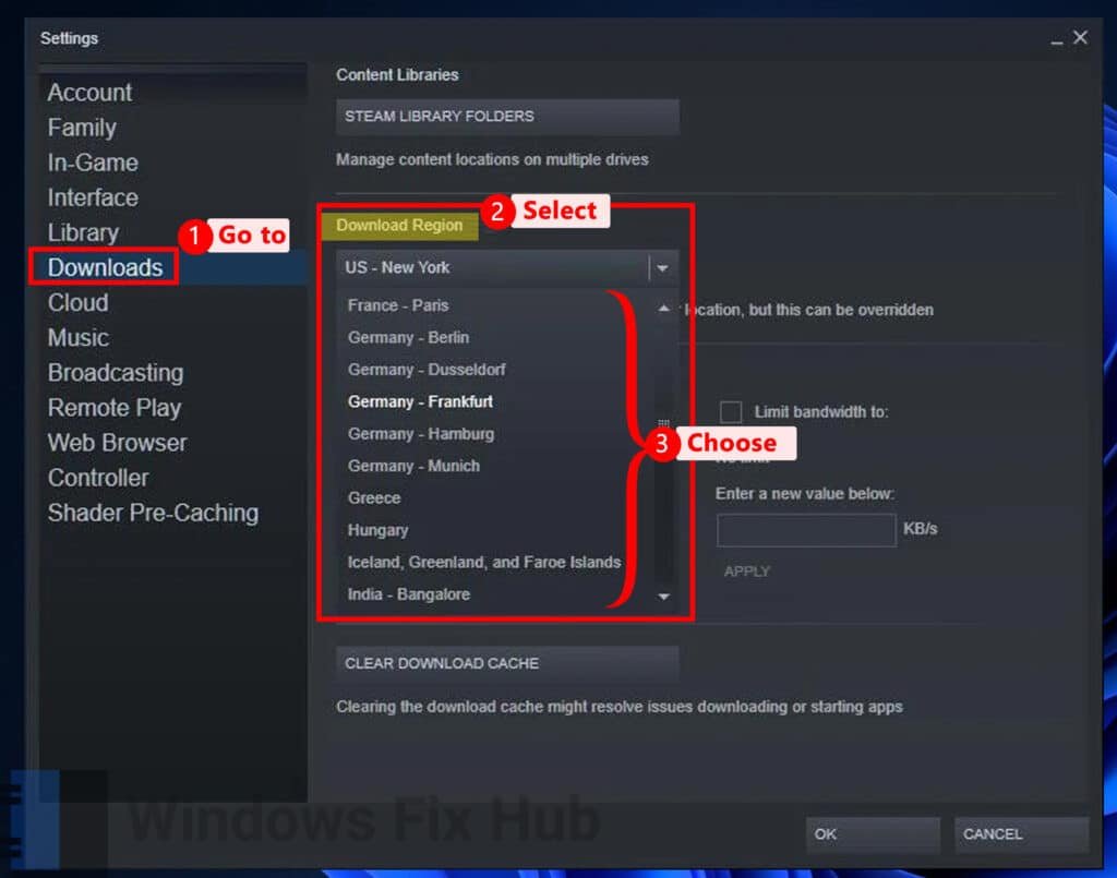 Switch the Download Region in Steam