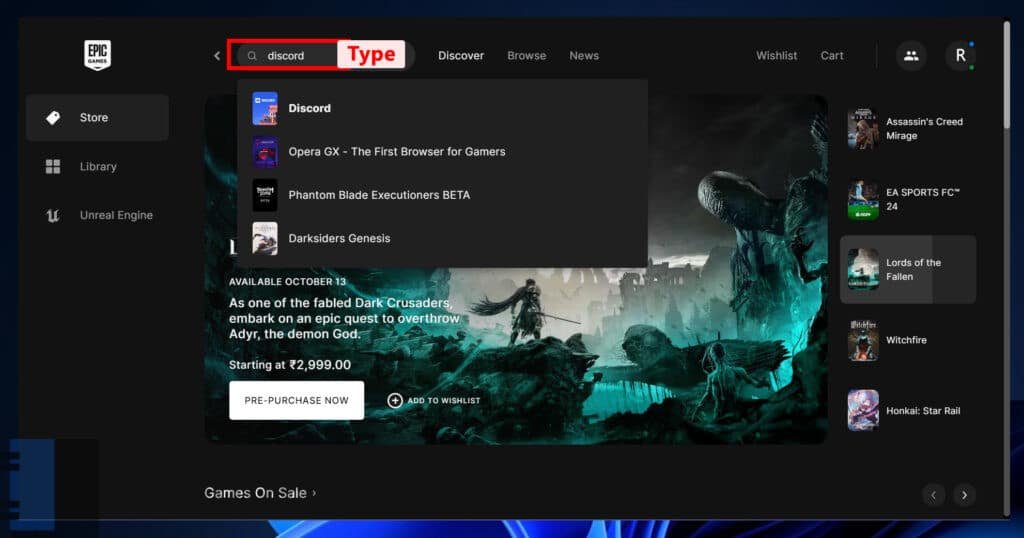 Type Discord in Epic Games Launcher search bar