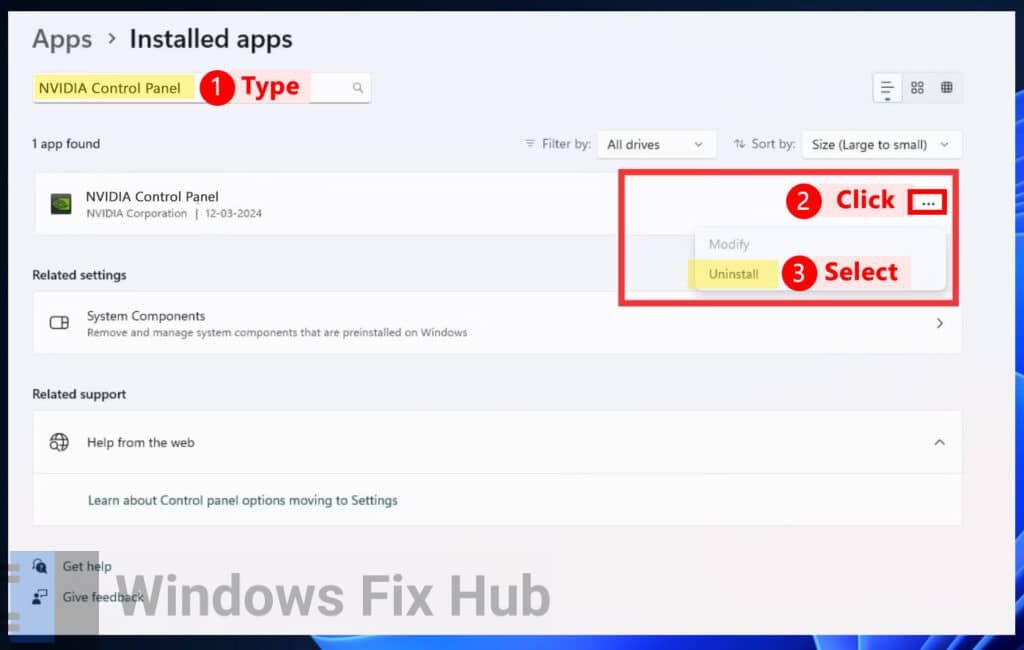 Uninstall NVIDIA Control Panel in Installed Apps