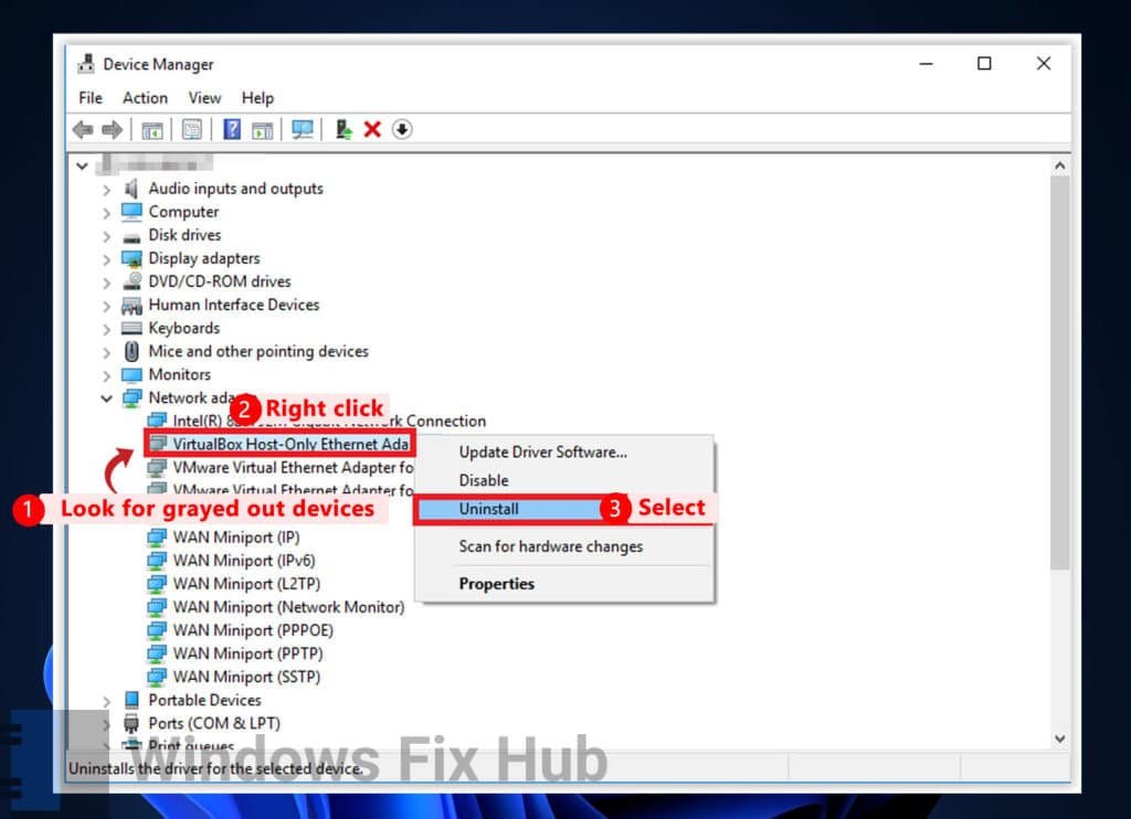 Uninstall grayed out network adapter